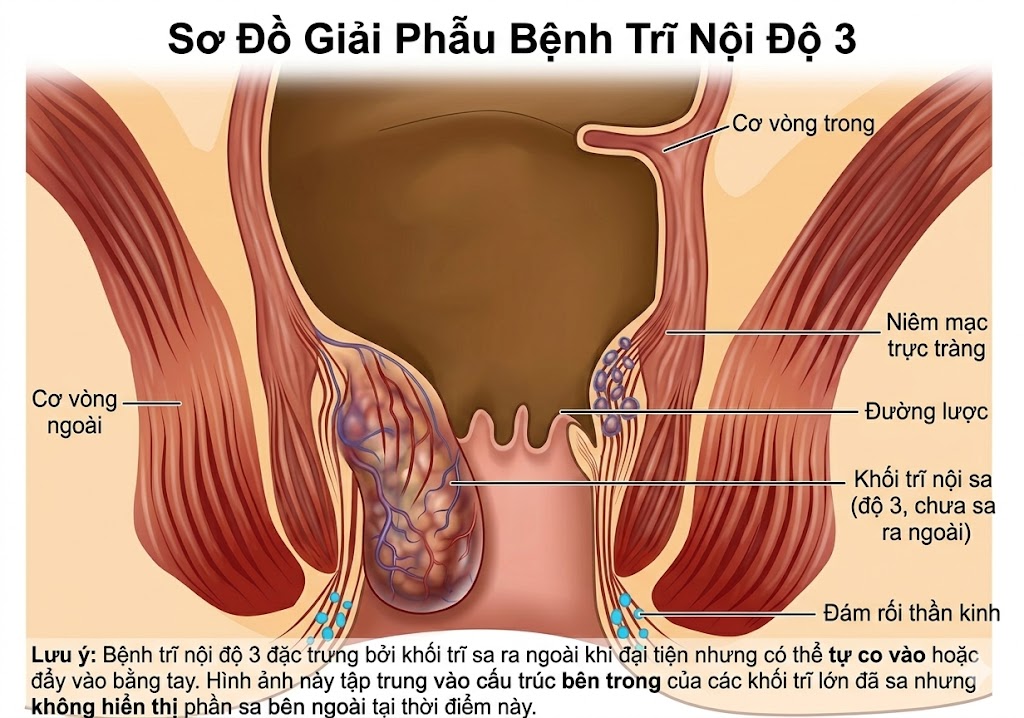 Sơ đồ giải phẫu bệnh trĩ nội độ 3 hiển thị chi tiết khối trĩ sa, cơ vòng, niêm mạc trực tràng và đám rối thần kinh.